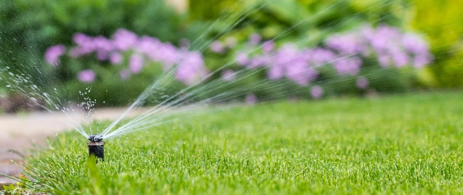 Sprinkler head spraying water on a lawn in Charlotte, NC.