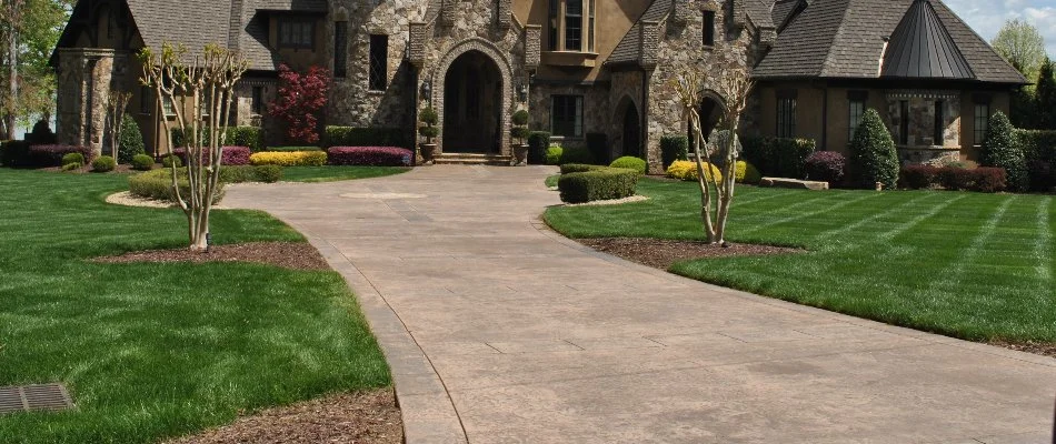 Driveway in Fort Mill, SC, lined with green lawn and plants.