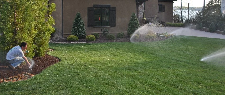 Irrigation system running for a lawn in Charlotte, NC.