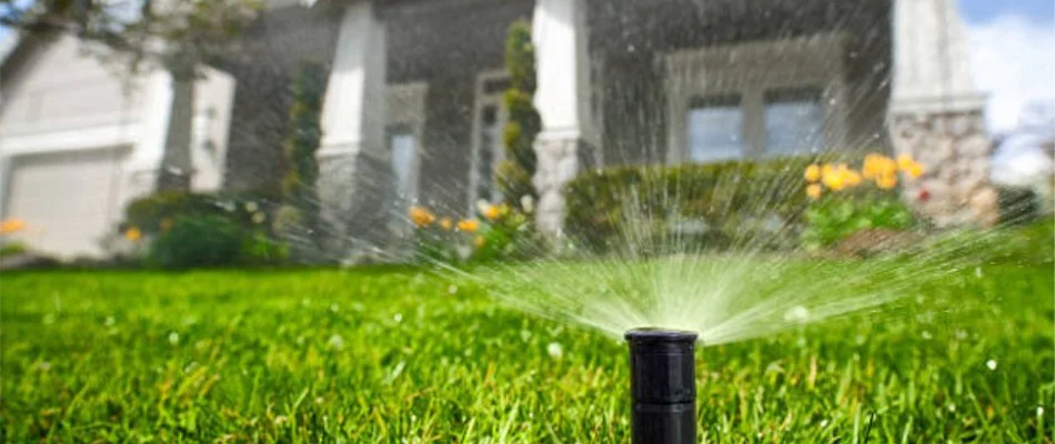 Sprinkler head watering grass on a residential property in Pineville, NC.