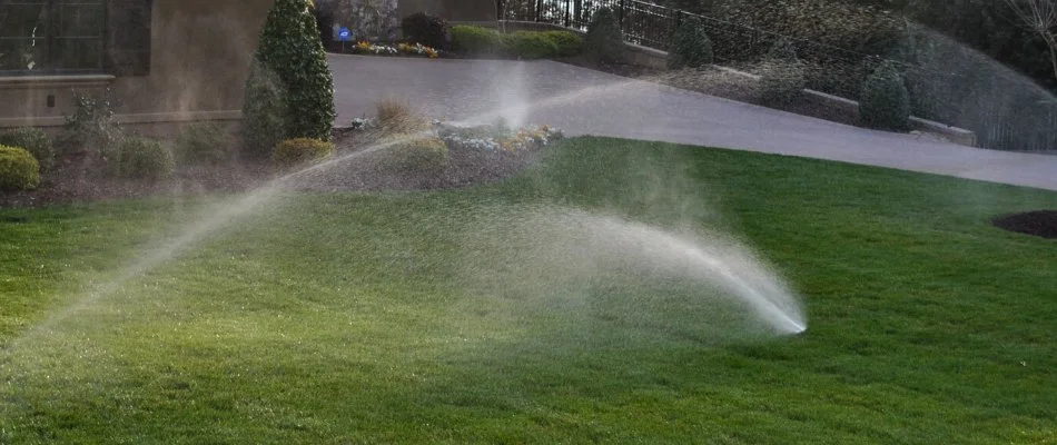 Water being sprayed on a lawn in Davidson, NC, from sprinkler irrigation system.