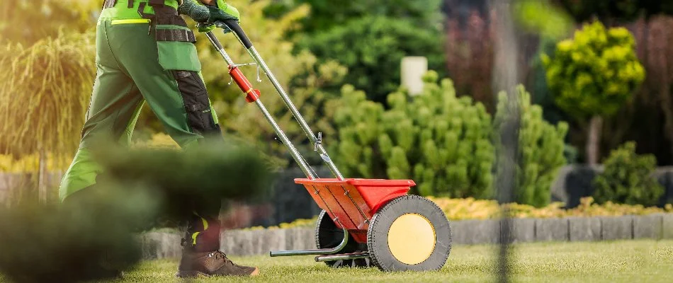 Worker in Lake Norman, NC, fertilizing a lawn. 