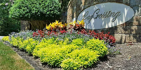 Entrance of an HOA neighborhood after planting annual flowers in Charlotte, NC.